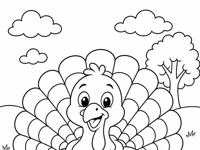 Thanksgiving-målarbild med en leende tecknad kalkon med stor solfjädersstjärt på en höstäng med lönnlöv