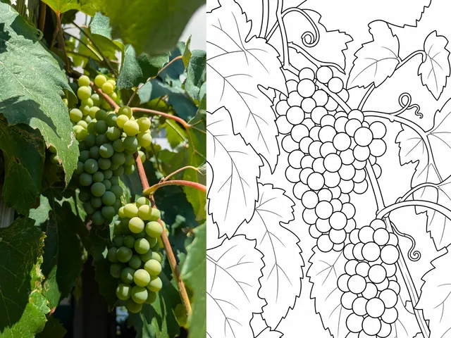 Foto di uva accanto a una pagina da colorare stampabile con grappoli d'uva