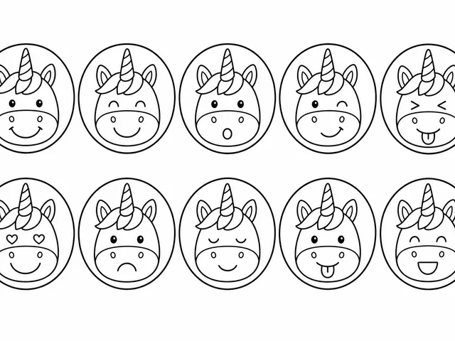 Ten circular unicorn funny face stamps with happy and surprised expressions for toddlers to color
