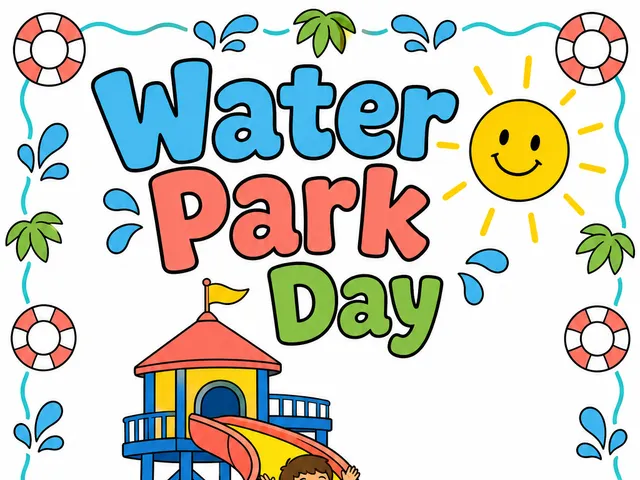 Water Park Day front cover with twisting slide, splash pool, float rings, and palm trees