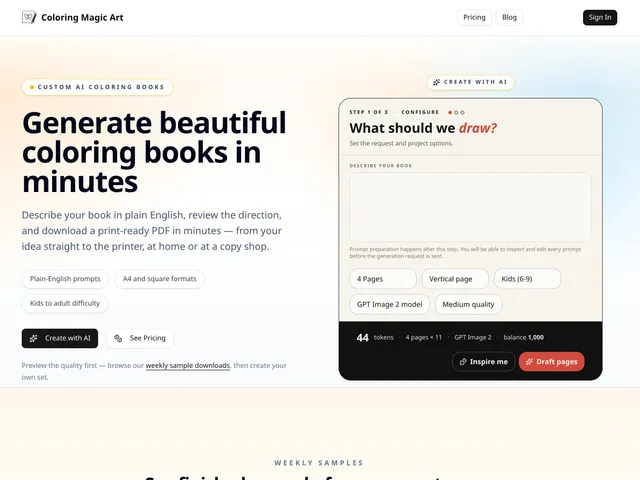 Coloring Magic Art Startseite mit dem KI-Malbuch-Assistenten, der einfache Prompts, Seitenlayout-Optionen und Modelleinstellungen zeigt