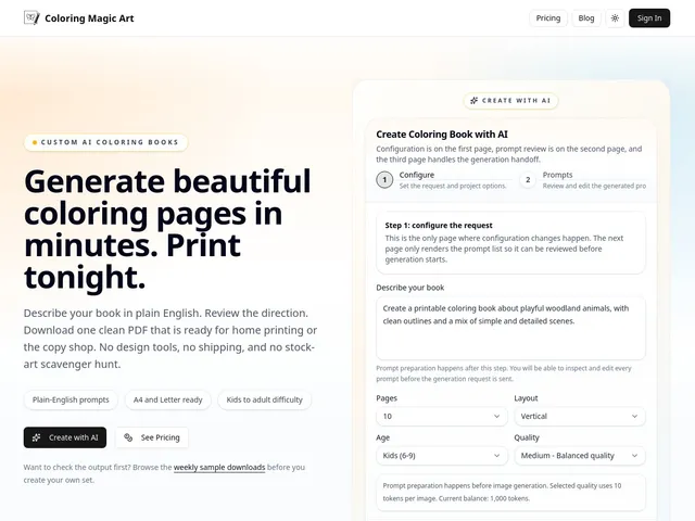 Coloring Magic Art homepage showing the AI coloring book generator hero section and sample book previews