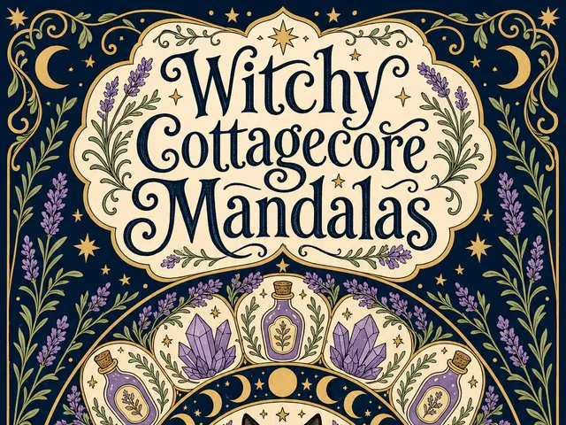 Witchy Cottagecore Mandalas front cover with black cat, moon phases, herbs, and potion bottles