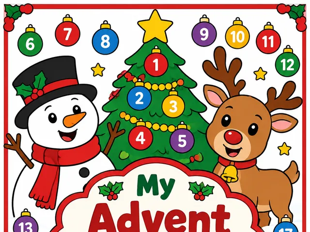 Advent calendar coloring book cover with a snowman, a reindeer, a gingerbread man, and a Christmas tree