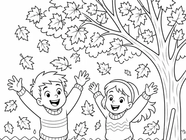Disegno da colorare di un mucchio di foglie: due bambini saltano in acero e quercia accanto a un rastrello