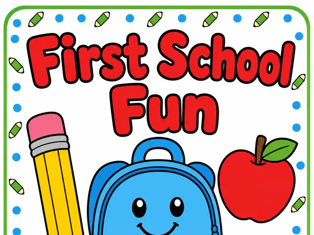 First School Fun front cover with smiling backpack, pencil, apple, crayons, and school bus