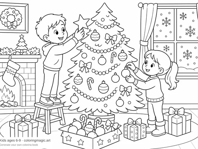 Children decorating a Christmas tree in a cozy living room with fireplace, stockings, and snow outside the window coloring page for kids