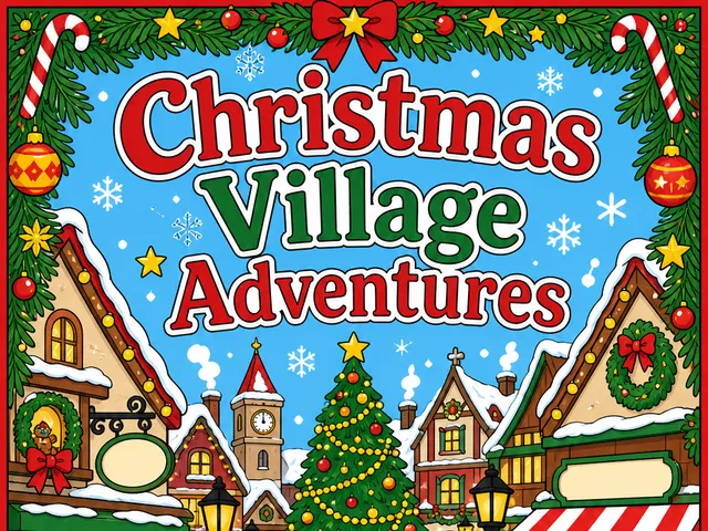 Christmas Village Adventures front cover with snowy shops, tree, elves, bakery, and Santa with sleigh