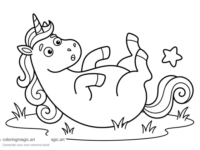 Dibujo para colorear de unicornio tierno sorprendido rodando en un prado para niños