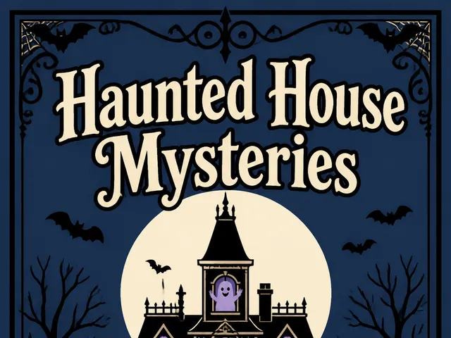 Haunted House Mysteries front cover with moonlit Victorian mansion, ghosts, black cat, and wrought-iron gate