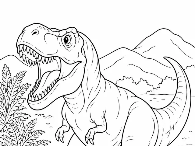 Tyrannosaurus Rex T-Rex roaring dinosaur coloring page for kids ages 6 to 9 with a simple prehistoric background