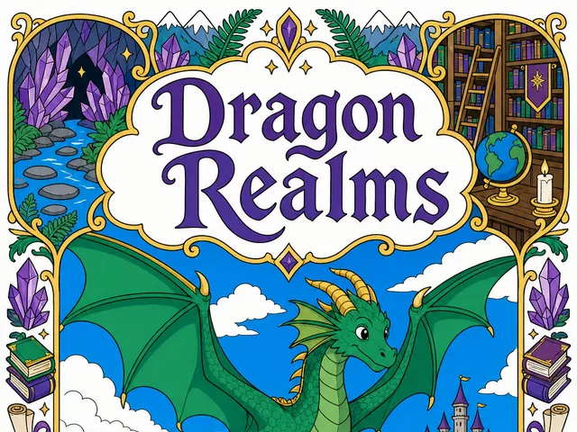 Dragon Realms front cover with flying dragon over mountains, crystal cave, library, and forest insets