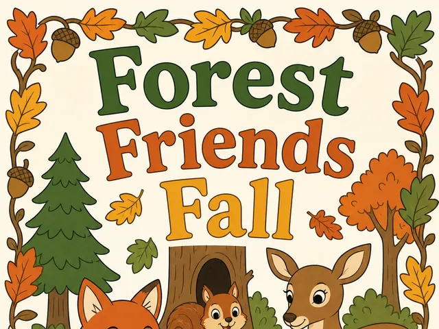 Forest Friends Fall front cover with fox, squirrel, hedgehog, and deer among maple leaves