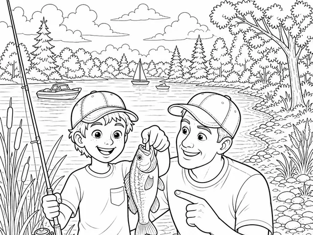 Father and child celebrating a first fish catch on a lakeshore coloring page