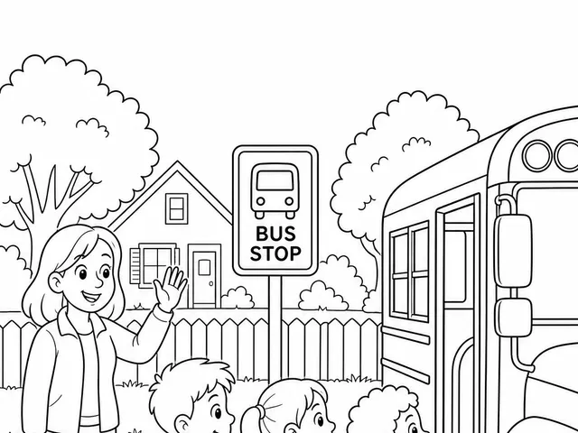 Bambini delle elementari alla fermata del bus con scuolabus e genitore che saluta — disegno da colorare 6 a 9 anni