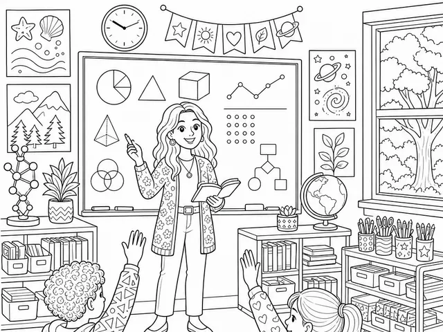 Welcome classroom coloring page with teacher at the board and students raising hands, ages 10 to 12 back-to-school scene