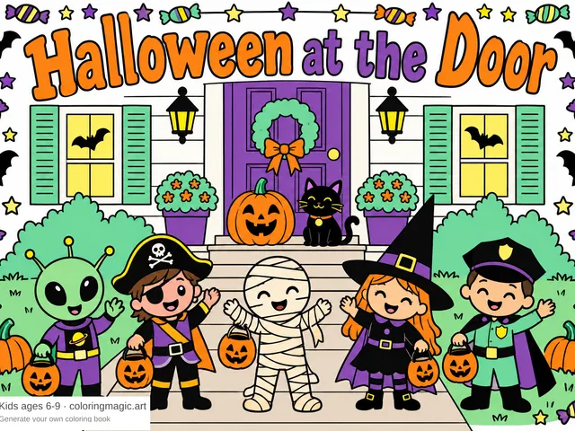 Portada de Halloween en la puerta con un alien, un pirata espacial, una momia, una bruja y un policía en una puerta