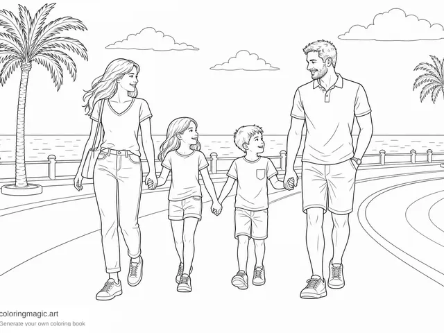 Familie spaziert auf der Promenade des Anglais, Ausmalbild aus einem vierseitigen Nizza-Reise-Malbuch
