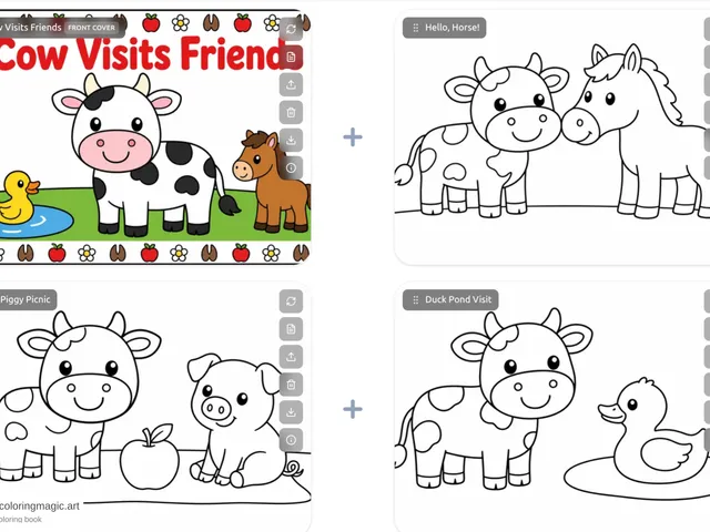 Pagine da colorare La mucca visita gli amici: la stessa mucca maculata in copertina e con cavallo, maiale e anatra