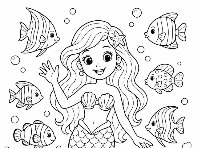 Mermaid waving in a coral reef with tropical fish coloring page for kids ages 6 to 9