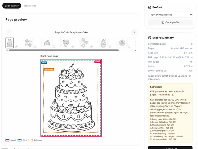 Profilo di stampa per un interno Amazon KDP 8 per 10 con abbondanza, con l'anteprima, il menu dei profili e il controllo KDP