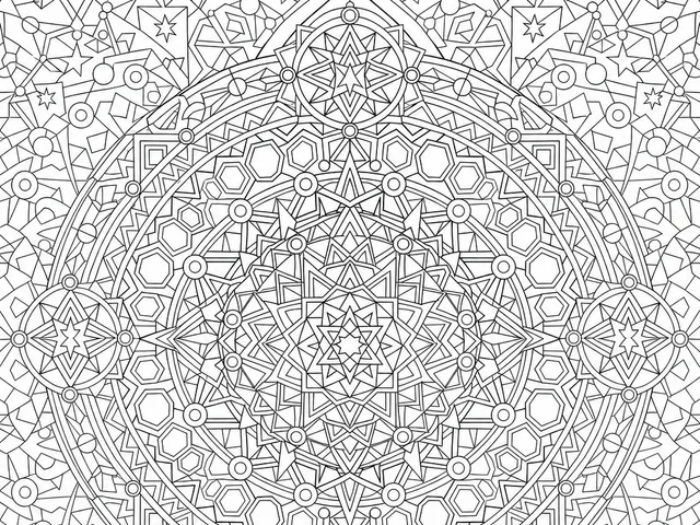 Highly detailed symmetrical geometric mandala coloring page with concentric rings and cardinal medallions