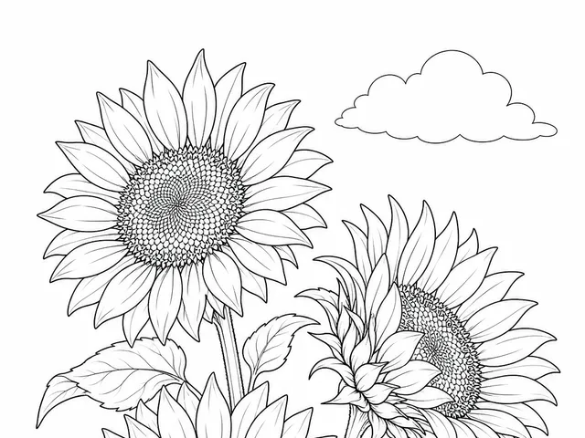 Three sunflowers on a quiet summer field, relaxing adult coloring page