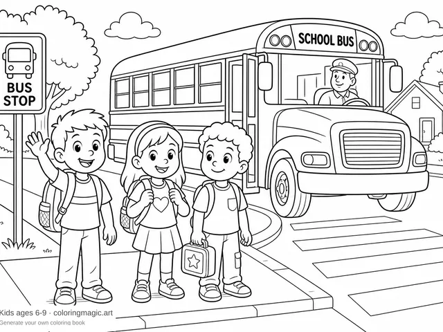 Three children with backpacks at a bus stop with a school bus in the background back-to-school coloring page for kids