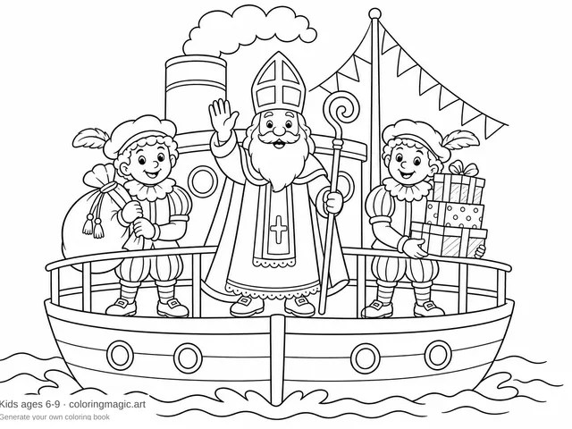 Sinterklaas op een stoomboot met Pieten en cadeautjes — warme Sinterklaas kleurplaat voor kinderen
