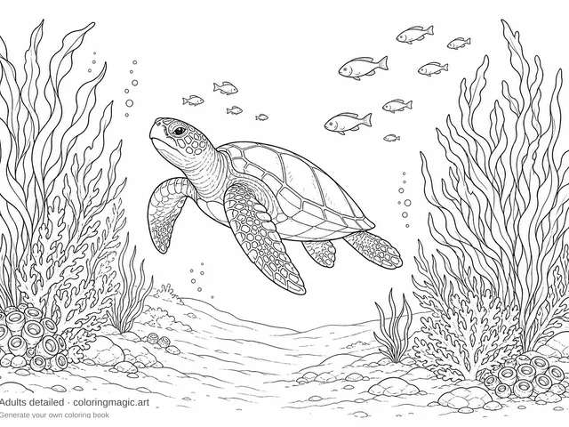 A sea turtle gliding calmly through open water between seaweed clusters, relaxing ocean coloring page