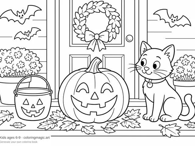 Smiling jack-o'-lantern on a porch step with a friendly black cat and trick-or-treat bucket Halloween coloring page for kids