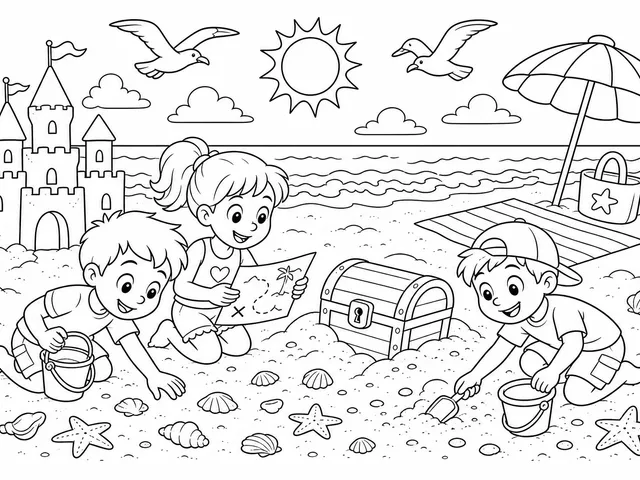 Kids searching for treasure on a sunny beach coloring page with sandcastle and seagulls