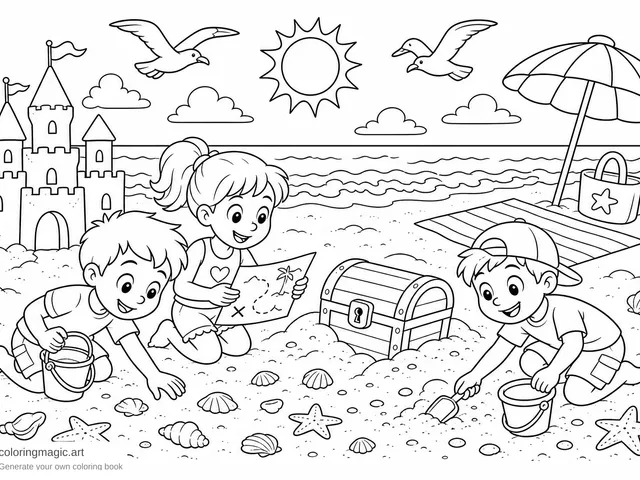 Bambini che cercano un tesoro su una spiaggia soleggiata, disegno da colorare con castello di sabbia e gabbiani