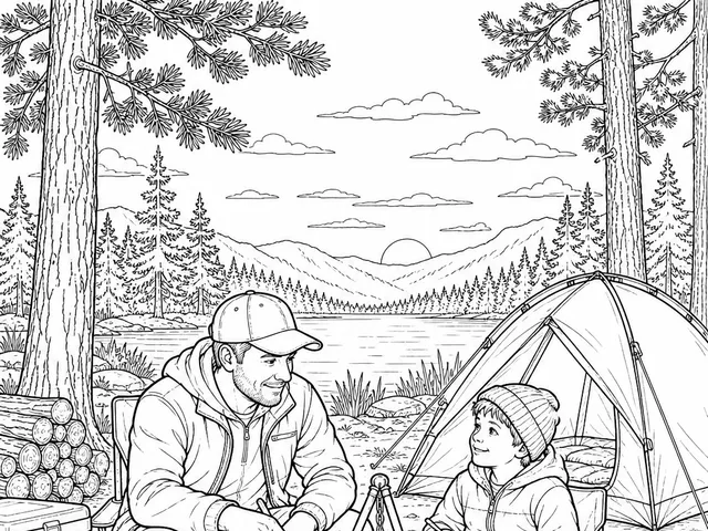 Father and child cooking supper at a lakeside campfire, adult coloring page