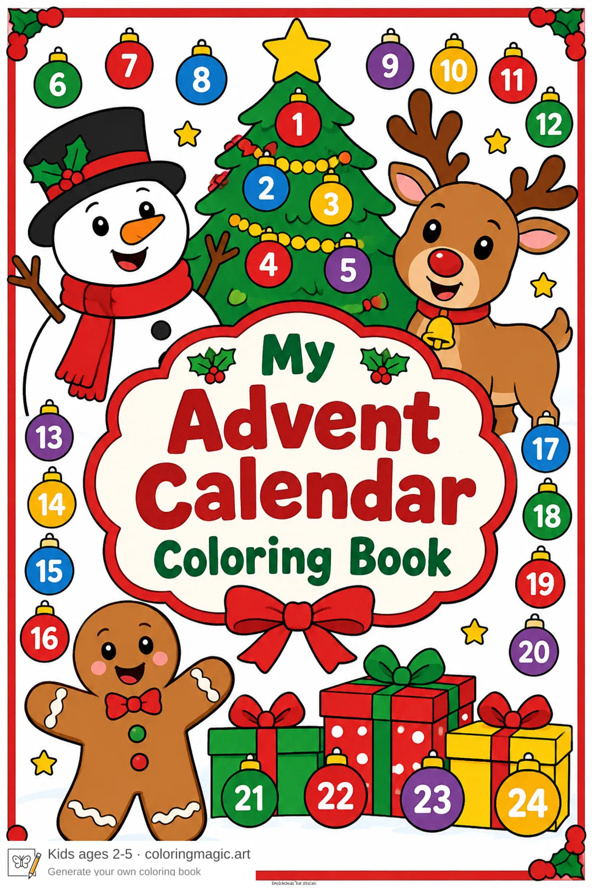 Portada para colorear de un calendario de Adviento con muñeco de nieve, reno, hombre de jengibre y árbol