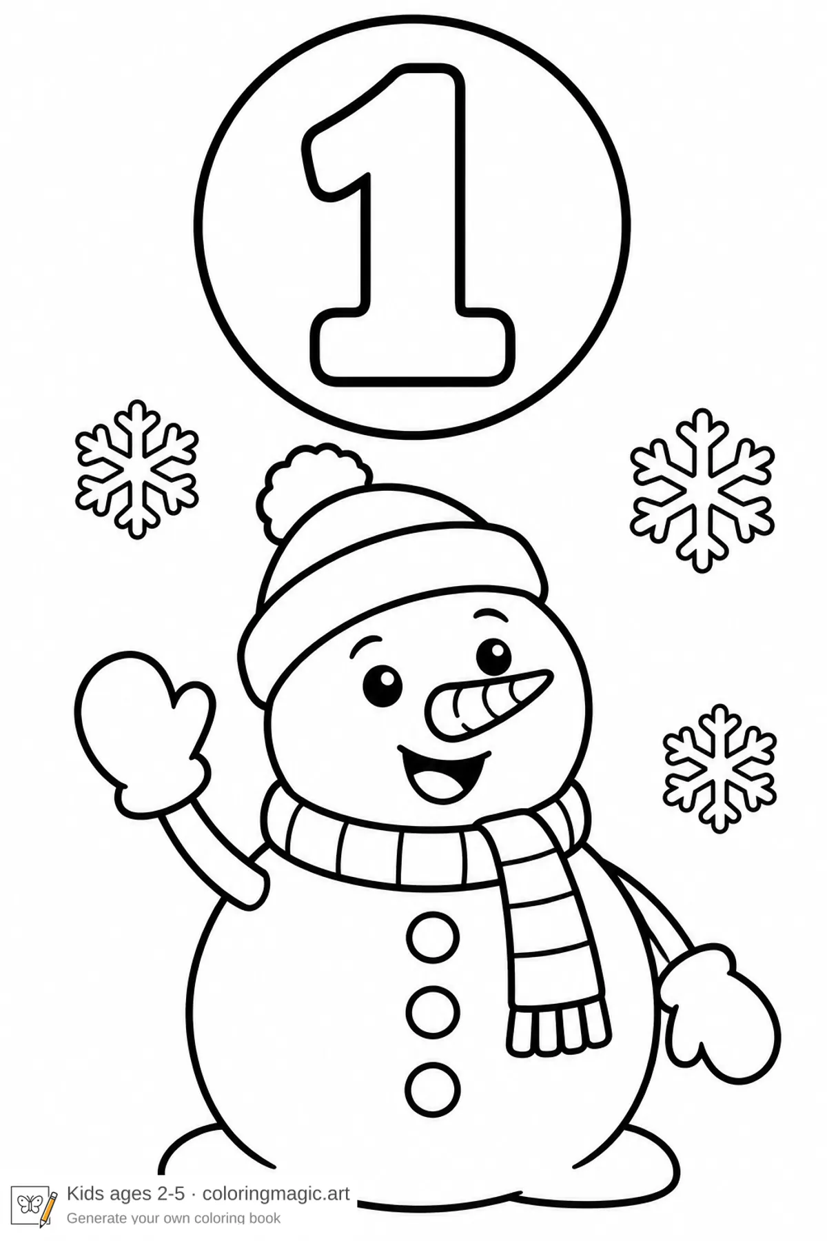Dibujo para colorear de un calendario de Adviento: un muñeco de nieve saludando con gorro y bufanda bajo el número 1