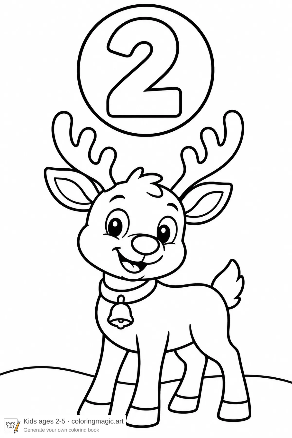 Dibujo para colorear de un calendario de Adviento: un reno sonriente con cornamenta y cascabel bajo el número 2