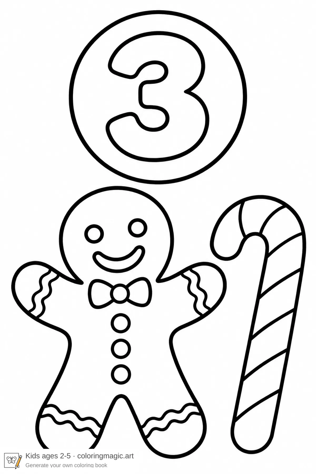 Dibujo para colorear de un calendario de Adviento: un hombre de jengibre junto a un bastón de caramelo bajo el número 3