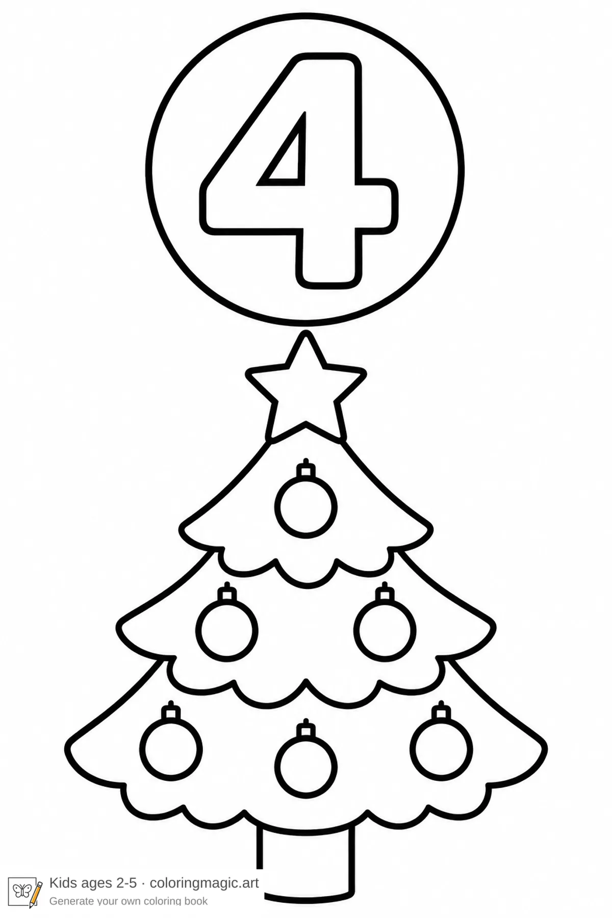 Dibujo para colorear de un calendario de Adviento: un árbol de Navidad con estrella y bolas bajo el número 4