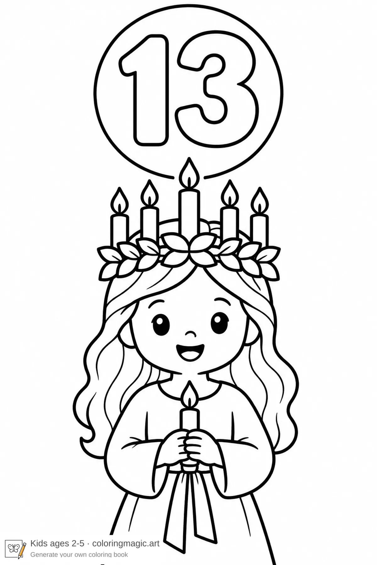 Dibujo para colorear de un calendario de Adviento: una niña con corona de velas por Santa Lucía bajo el número 13