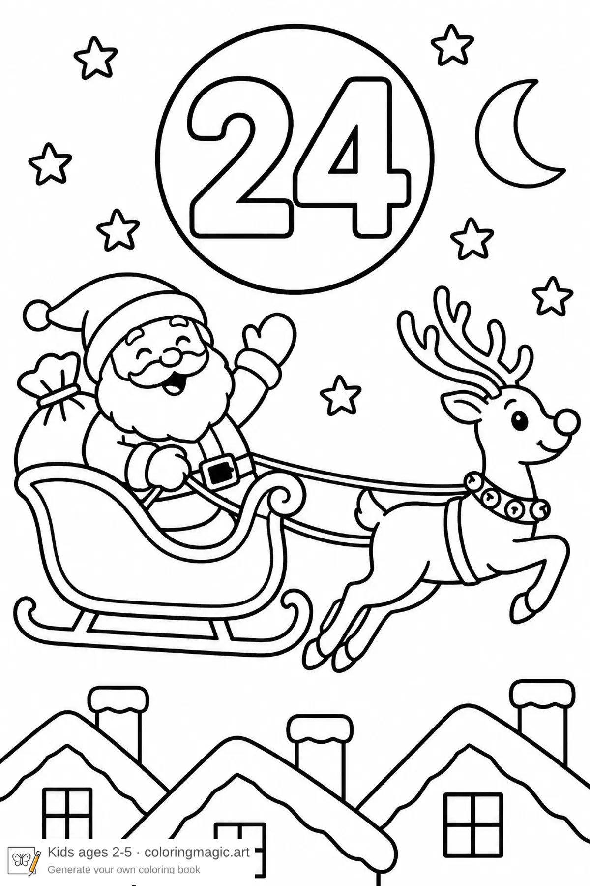 Dibujo para colorear de un calendario de Adviento: Papá Noel saluda desde un trineo con un reno bajo el número 24