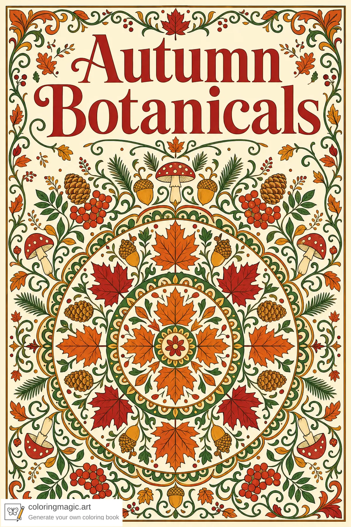 Autumn Botanicals adult coloring book front cover with maple leaf and acorn mandala frame