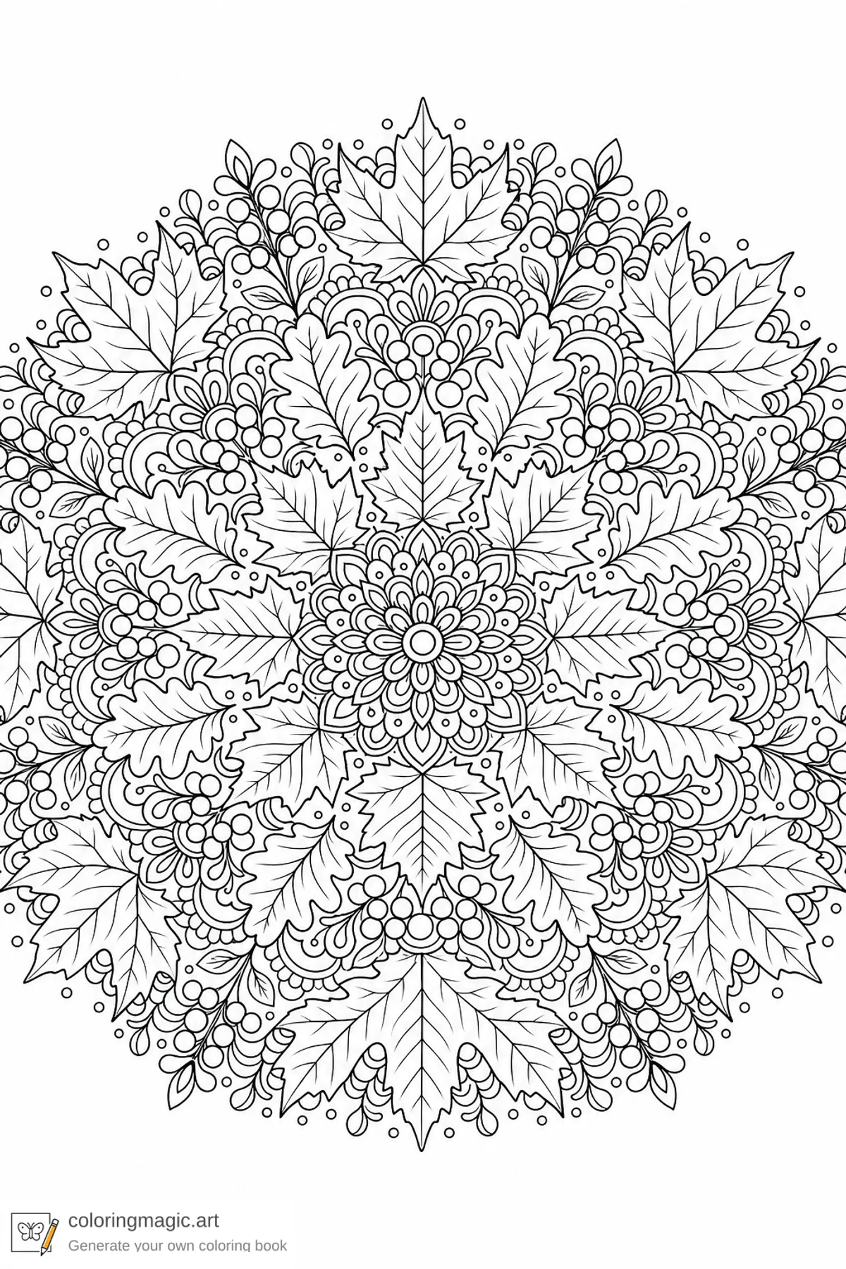 Adult autumn mandala coloring page of maple and oak leaves with berry clusters and fine filigree rings