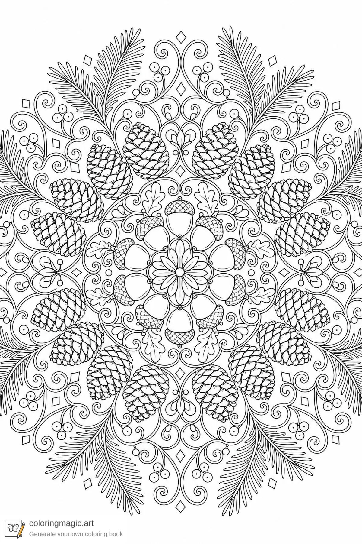 Adult autumn mandala coloring page of acorns pinecones evergreen needles and curling vines