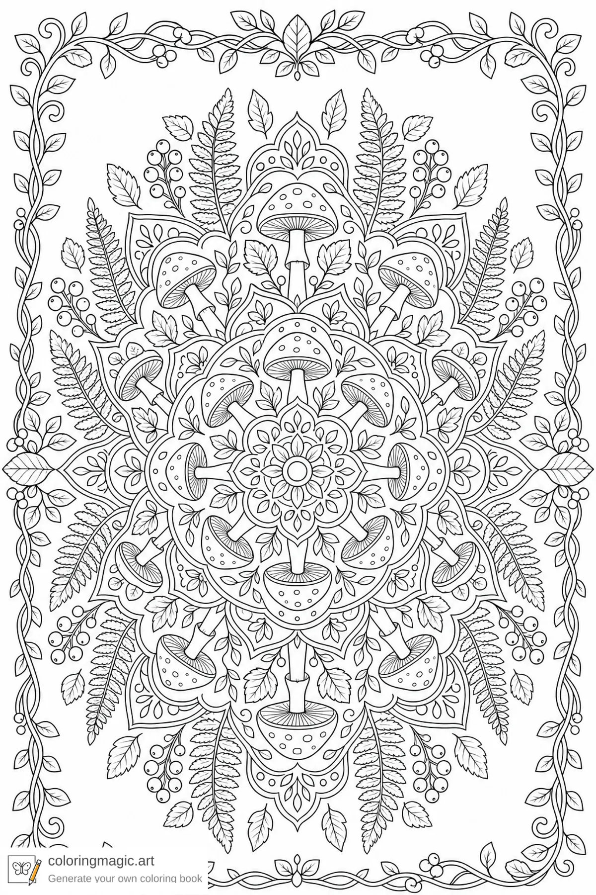 Adult autumn mandala coloring page framed with vines mushrooms fern fronds berries and falling leaves