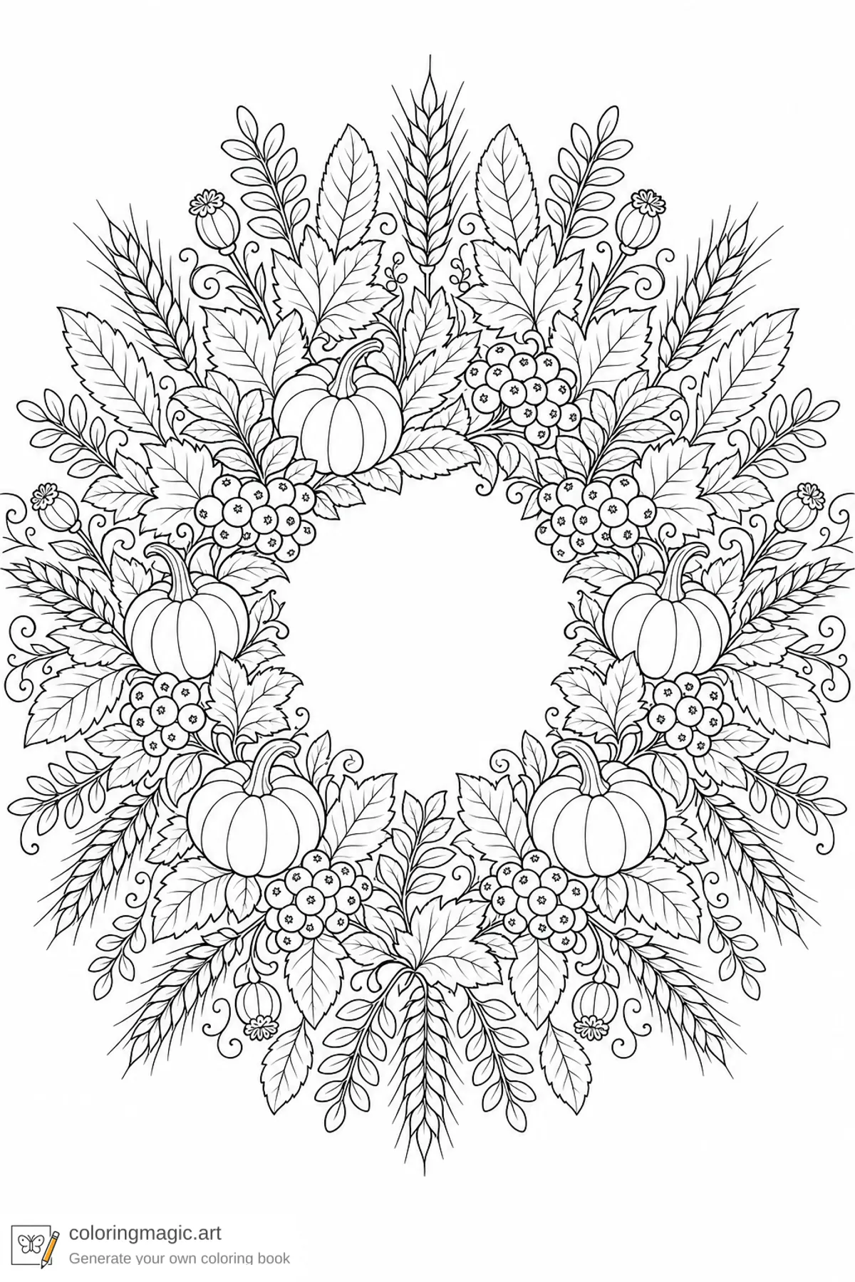 Adult autumn wreath mandala coloring page with wheat rowan berries leaves tiny pumpkins and seed heads