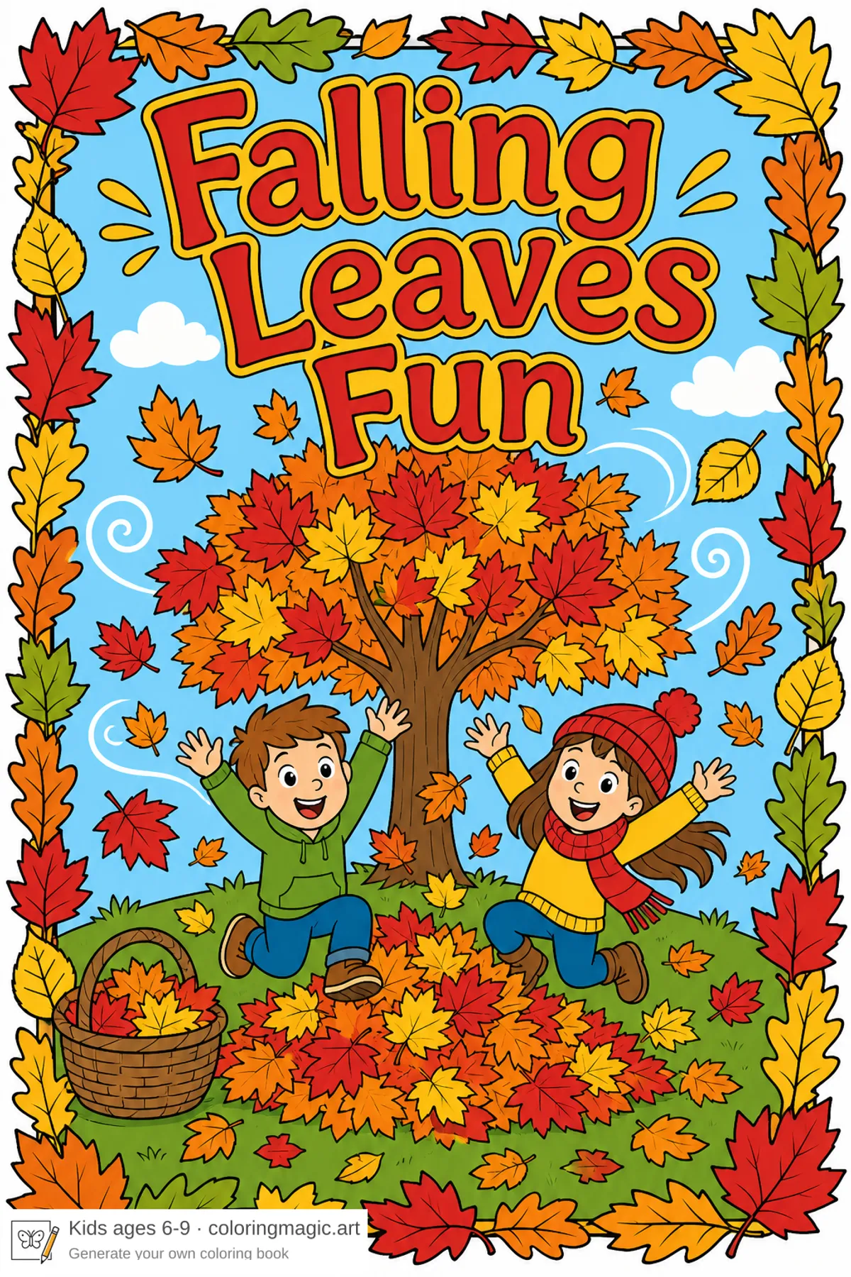 Ausmalbild-Vorderseite Falling Leaves Fun mit Ahorn, Kindern und einem Laubhaufen