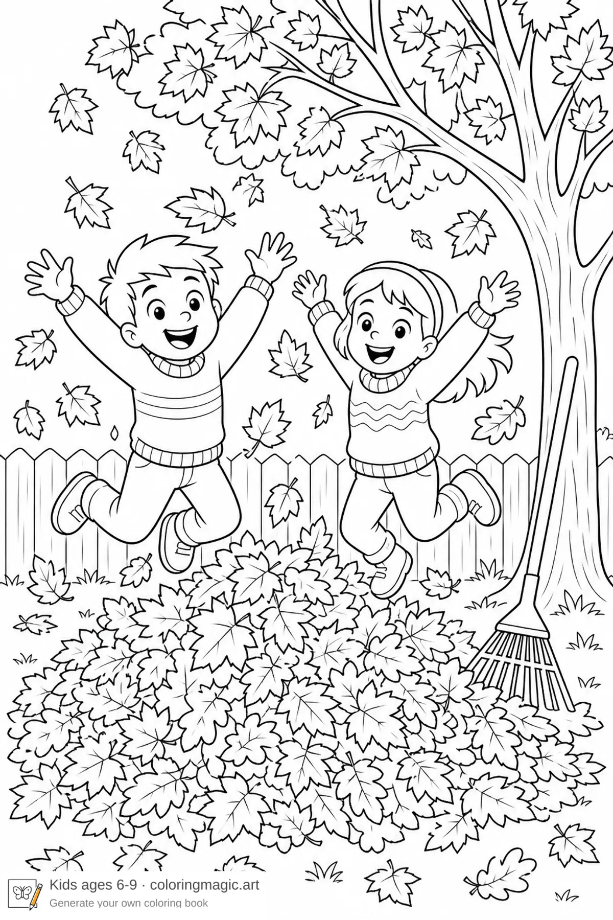 Laubhaufen-Ausmalbild: zwei Kinder springen in Ahorn- und Eichenlaub neben einem Rechen
