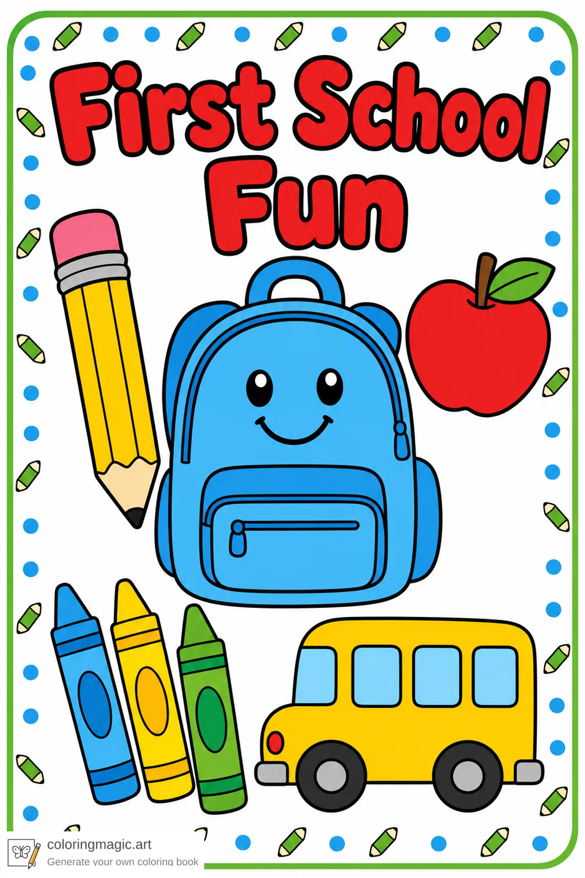 First School Fun toddler coloring page front cover with smiling backpack pencil apple crayons and school bus