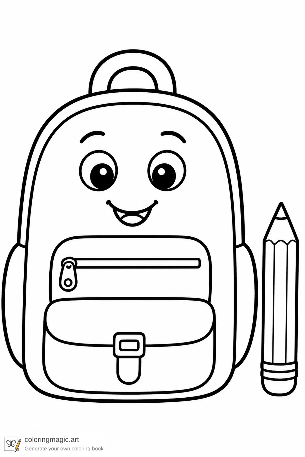 Toddler school coloring page of a large smiling backpack with simple pockets and a small pencil
